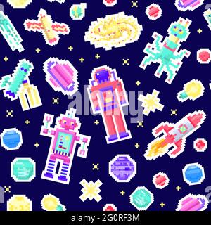 Raum Sterne Nahtloses Muster. Alien Spaceman, Roboter Rakete und Satelliten Würfel Sonnensystem Planeten Pixel Art, digitale vintage Spiel Stil. Quecksilber Stock Vektor