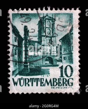 Briefmarke gedruckt in Deutschland, Französische Besetzung von Württemberg zeigt Stadttor aus Wangen, um 1948 Stockfoto