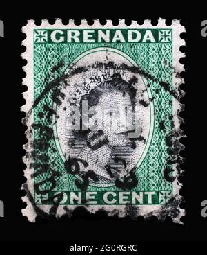 Die in Grenada gedruckte Briefmarke zeigt Königin Elizabeth II., um 1953 Stockfoto