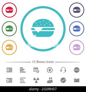 Einfache Cheeseburger-Symbole in flachen Farben in kreisförmigen Umrissen. 12 Bonus-Symbole enthalten. Stock Vektor