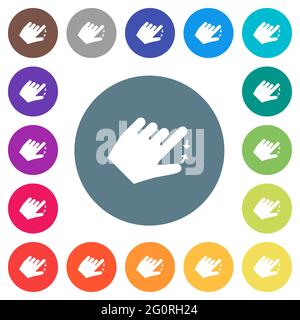 Linkshänder zusammendrücken Geste flache weiße Symbole auf runden farbigen Hintergründen. 17 Farbvarianten im Hintergrund sind enthalten. Stock Vektor