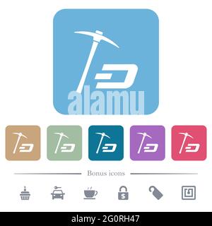 Dash Cryptocurrency Mining mit weißen flachen Symbolen auf farbigen abgerundeten quadratischen Hintergründen. 6 Bonus-Symbole enthalten Stock Vektor