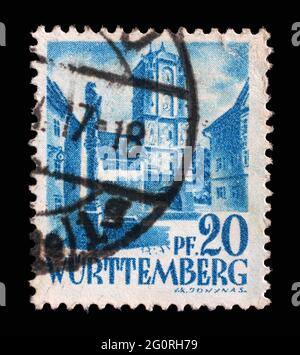 Briefmarke gedruckt in Deutschland, Französische Besetzung von Württemberg zeigt Stadttor aus Wangen, um 1948 Stockfoto