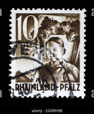 Stempel gedruckt in Deutschland, Rheinland, das Mädchen trägt Trauben, um 1948 Stockfoto