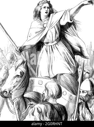 Gravierte Vintage-Illustration von Königin Boudicca (Boudicea) aus einem viktorianischen Buch von 1866, das nicht mehr urheberrechtlich geschützt ist Stockfoto