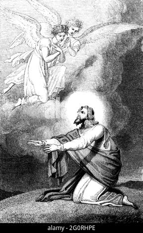 Eine gravierte Illustration von Jesus Christus, der auf dem Ölberg betet, aus einem alten georgischen Buch aus dem Jahr 1836, das nicht mehr urheberrechtlich geschützt ist, Stockfoto