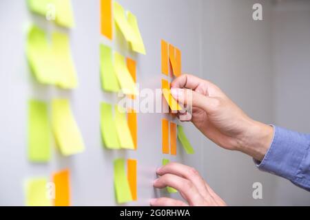 Es Arbeitnehmer Verfolgung seiner Aufgaben auf kanbantafel. Über die Aufgabe der agilen Entwicklungsmethodik. Mann Befestigung Haftnotiz Task Board im Th zu Scrum Stockfoto