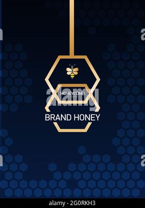 Vertikale moderne Vorlage Layout-Design für Honig Unternehmen. Dunkler Hintergrund mit goldenen Waben. Stock Vektor