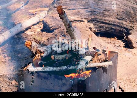 Flamme aus brennenden Holzstämmen im Kamin. Holzfeuer für Grill auf der Natur vorbereitet. Brazier mit brennendem Brennholz. Picknick. Stockfoto