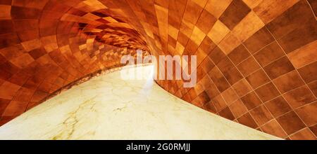 Farbenfroher abstrakter Panoramafenster: cooper-Metalltunnel. (Auto-Backplate, 3D-Rendering-Computer digital generierte Illustration.) Stockfoto