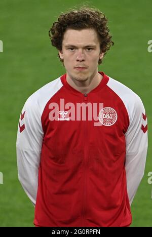 Innsbruck, Österreich. Juni 2021. Fußball: Internationale, Deutschland - Dänemark im Tivoli-Stadion. Dänemarks Nr. 11 vor dem Spiel. Quelle: Federico Gambarini/dpa/Alamy Live News Stockfoto