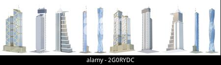 10 Seitenansicht hoch detaillierte Darstellungen von fiktionalen Design-Hightech-Wolkenkratzern mit blau-bewölkten Himmelsreflexionen - isolierte 3D-Illustration des Architekten Stockfoto