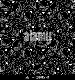 Von Hand gezeichnete Katzen nahtloses Vektormuster. Doodle-Kunst. Weiß auf schwarz Stock Vektor