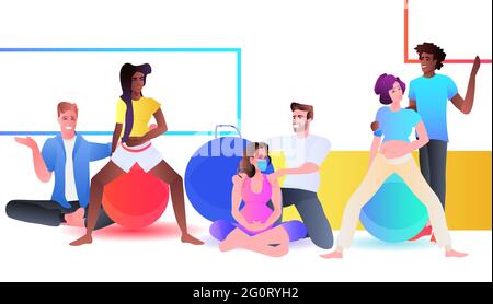 Schwangere Frauen in Masken tun körperliche Übungen auf Fitball mit Mix-Rennen Personal Trainer Schwangerschaft gesunde Lebensweise Konzept horizontal voller Länge Stock Vektor