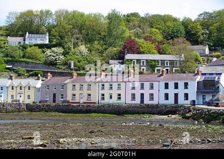 Farbenfrohe Fischerhütten, viele davon inzwischen zu Ferienhäusern umgebaut, am malerischen Kai von Fishguard Lower Town Harbour, Pembrokeshire, Wales. Stockfoto