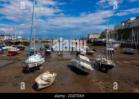 Blick auf die Boote rund um den Hafen am Fischerhafen von Brixham, Devon. Stockfoto