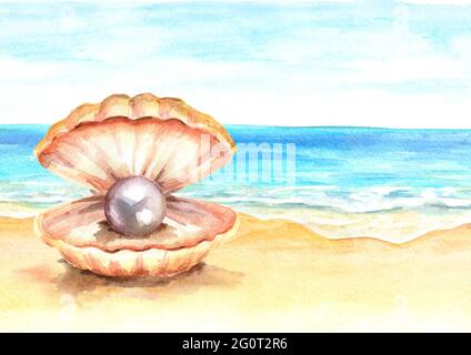 Perle in der Muschel am tropischen Sommerstrand mit goldenem Sand. Handgezeichnete horizontale Aquarelldarstellung Stockfoto