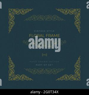 Blumenrahmen und Eckornamente im Vintage-Stil. Von Hand gezeichnete Umrisse kalligraphisch verzierten und verzweifelten Hintergrund. Teil des Sets. Stock Vektor