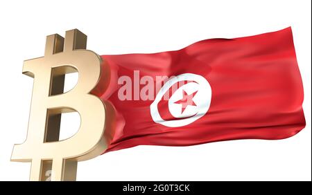 Goldbitcoin Kryptowährung mit einer wehenden tunesischen Flagge. 3D-Rendering Stockfoto