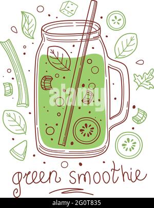 Sommer Wassermelone Detox Drink, Obst-Smoothies, Bio-Limonade in Glasflasche, Glas und Krüge mit Trinkhalmen. Erfrischende hausgemachte Getränke im Sommer Stock Vektor