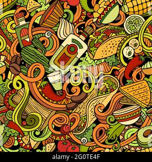 Mexican Food Handgezeichnete Kritzeleien mit nahtlosem Muster. Ethnische Küche Hintergrund. Cartoon Ethnicity Stoffdruck. Farbenfrohe Vektorgrafik Stock Vektor