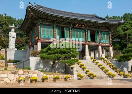 Buddha-Statue auf grünem Baumhintergrund im Bongeunsa-Tempel im Gangnam-Bezirk in Seoul, Südkorea. Es ist eine beliebte Touristenattraktion Asiens. Stockfoto