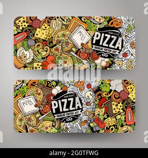 Cartoon niedlichen bunten Vektor handgezeichnete Kritzeleien Pizzeria Corporate Identity. 2 horizontale Banner Design. Vorlagen festgelegt. Alle Objekte getrennt Stock Vektor