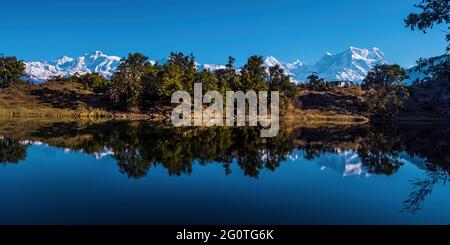 Spiegelung von 300 Grad Reichweite von Berg und Himmel im ruhigen Wasser des Deorital See.Hochgebirgslandschaft, Naturen Paradies, Chopta Uttrakhand. Stockfoto