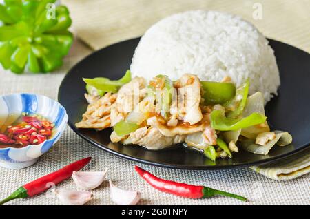 Hähnchen mit grüner Chili und gedämpftem Reis in schwarzer Schale gebraten. Thailändisches Essen. Stockfoto