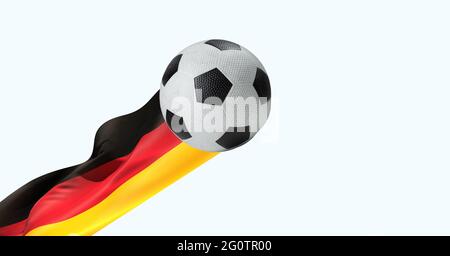 Zusammensetzung von Fußball mit deutscher Flagge isoliert auf weißem Hintergrund Stockfoto