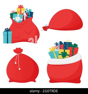 Weihnachtsmann-Taschen mit Geschenkschachteln, präsent. Weihnachtliches Deko-Element. Vektorgrafik im flachen Stil Stock Vektor