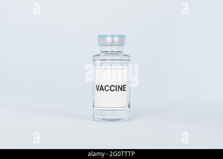Glasflasche mit Impfampulle und Etikett isoliert auf hellem Hintergrund, 3d-Rendering Stockfoto