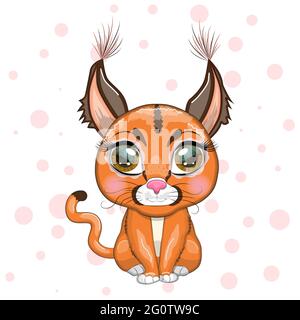 Caracal Steppe Luchs mit schönen Augen im Cartoon-Stil, bunte Illustration für Kinder. Karakalkatze mit charakteristischen Ohren, Flecken und Farbe Stock Vektor