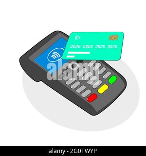 Kontaktlose Bezahlung. Kreditkarte. POS-Terminals NFC-Technologie. Abbildung Stockfoto