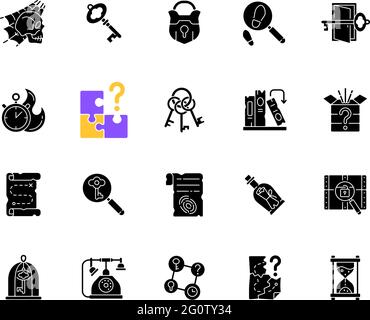 Escape Room schwarze Glyphen-Symbole auf weißem Raum gesetzt Stock Vektor