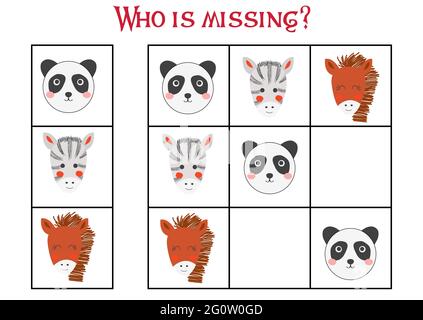 Sudoku Spiel für Kinder mit Bildern. Kinder Aktivität Blatt. Niedliche afrikanische Tiere Schnauze Stock Vektor