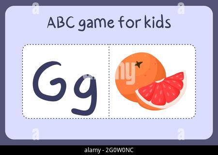 Kind Alphabet Mini-Spiele im Cartoon-Stil mit dem Buchstaben G - Grapefruit. Vektor-Illustration für Spiel-Design - Schneiden und spielen. Lerne abc mit Flash-Karten für Obst und Gemüse. Stock Vektor
