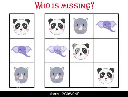 Sudoku Spiel für Kinder mit Bildern. Kinder Aktivität Blatt. Niedliche afrikanische Tiere Schnauze Stock Vektor