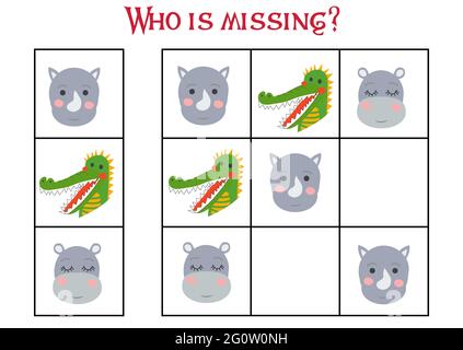 Sudoku Spiel für Kinder mit Bildern. Kinder Aktivität Blatt. Niedliche afrikanische Tiere Schnauze Stock Vektor