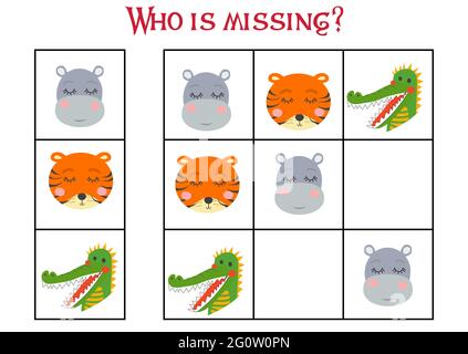 Sudoku Spiel für Kinder mit Bildern. Kinder Aktivität Blatt. Niedliche afrikanische Tiere Schnauze Stock Vektor