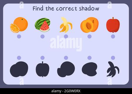 Passende Kinder Lernspiel mit Lebensmitteln - Orange, Banane, Aprikose, Apfel, Wassermelone. Finden Sie den richtigen Schatten. Vektorgrafik. Stock Vektor