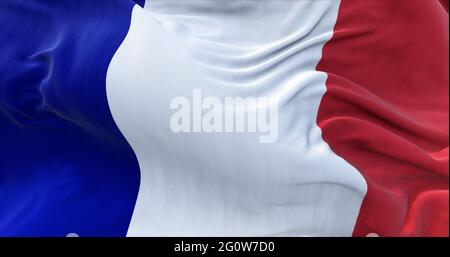 Detail der Nationalflagge Frankreichs, die im Wind fliegt. Demokratie und Politik. Europäisches Land. Stockfoto