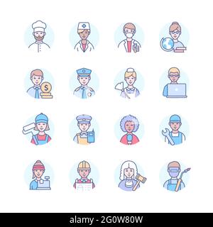 Berufe - Moderne bunte Linie Design Stil Ikonen. Männliche und weibliche Spezialisten. Koch, Arzt, Lehrer, Geschäftsmann, Polizist, Reiniger, p Stock Vektor