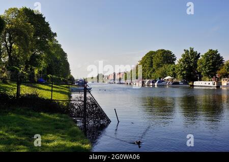 Der Fluss Witham im späten Frühjahr mit Booten in der Gateway Marina in der Ferne festgemacht Stockfoto