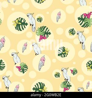 Vektor pastellgelb Hintergrund tropische Vögel, Papageien, exotische Käsepflanze, Monstera, Hibiskusblüten. Nahtloser Musterhintergrund Stock Vektor
