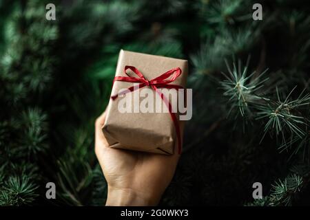 Femele Hände halten Gif-Box. Ideen für weihnachtsdekoration und Geschenke. Weihnachts- und Neujahrskonzept. Stockfoto