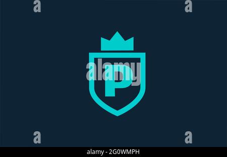 P blaues Schild Alphabet Logo Symbol für Unternehmen mit Brief. Kreatives Design für Unternehmen und Unternehmen mit Königskrone Stockfoto