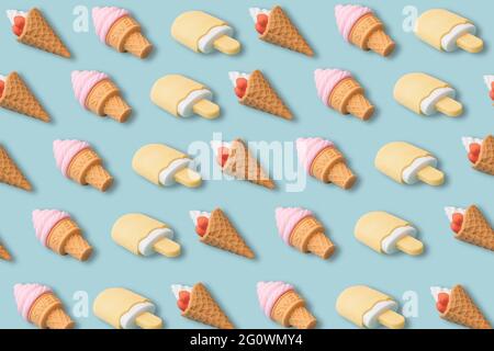 Kreatives Muster aus bunten Eiszapfen oder Eis auf blauem Hintergrund. Sommer- und Essenskonzept. Abbildung 3d. Stockfoto