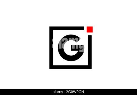 G-Alphabet Buchstaben-Symbol-Logo in schwarz-weiß. Unternehmens- und Business-Design mit quadratischem und rotem Punkt. Kreative Vorlage für die Corporate Identity Stockfoto