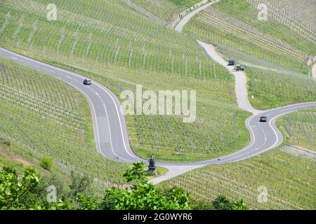 Kurvige Hauptstraße in Moseltal Dorf Piesport Stockfoto